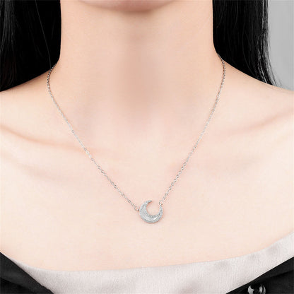 Shell and Cubic Zirconia Silver-Plated Moon Pendant Necklace, silver pendant necklace for women, detail close-up