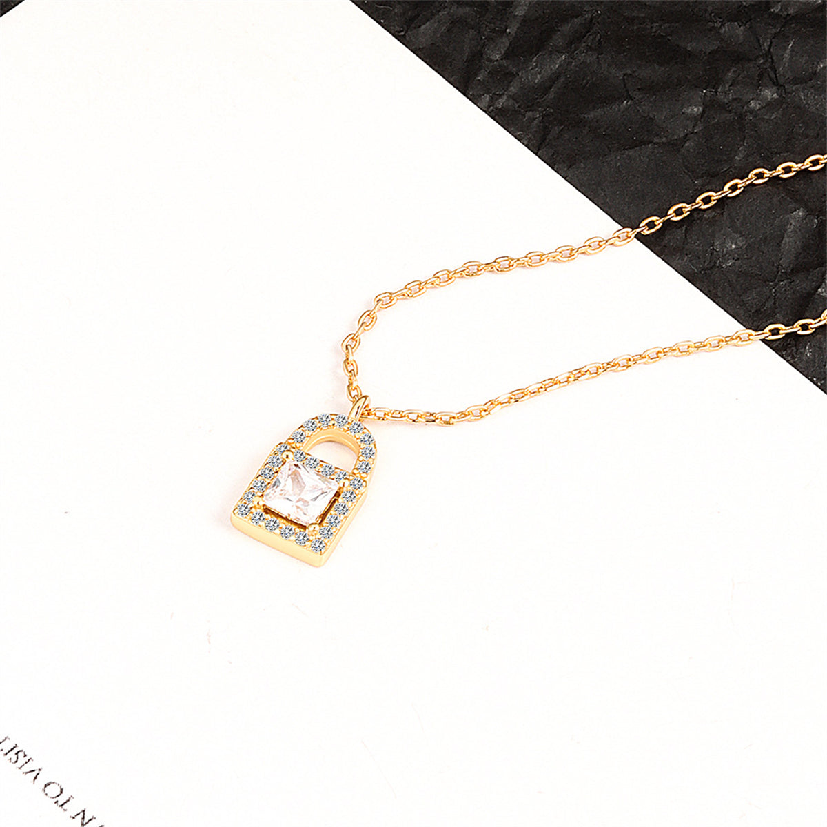 Crystal and Cubic Zirconia 18K Gold-Plated Lock Pendant Necklace, gold pendant necklace for women, front view