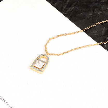 Crystal and Cubic Zirconia 18K Gold-Plated Lock Pendant Necklace, gold pendant necklace for women, front view