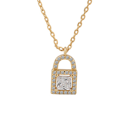 Crystal and Cubic Zirconia 18K Gold-Plated Lock Pendant Necklace, gold pendant necklace for women, side view