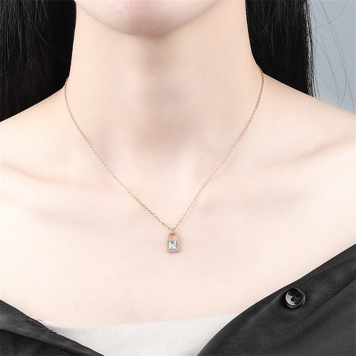 Crystal and Cubic Zirconia 18K Gold-Plated Lock Pendant Necklace, gold pendant necklace for women, detail close-up