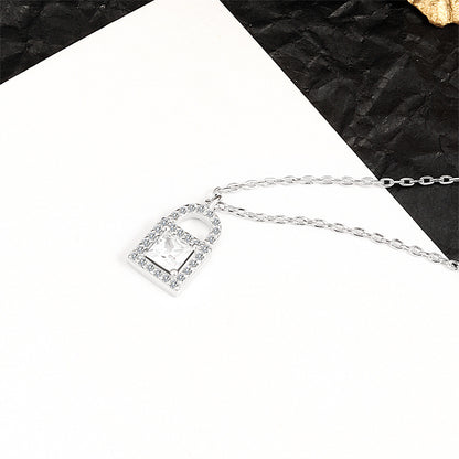Crystal and Cubic Zirconia Silver-Plated Lock Pendant Necklace, silver pendant necklace for women, side view