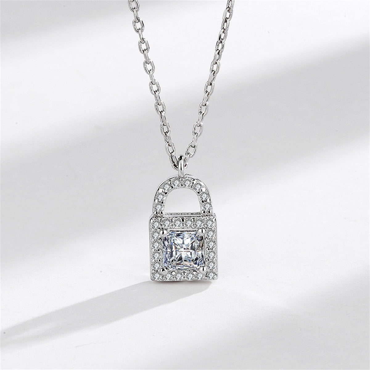 Crystal and Cubic Zirconia Silver-Plated Lock Pendant Necklace, silver pendant necklace for women, front view