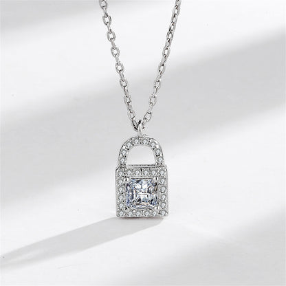 Crystal and Cubic Zirconia Silver-Plated Lock Pendant Necklace, silver pendant necklace for women, front view