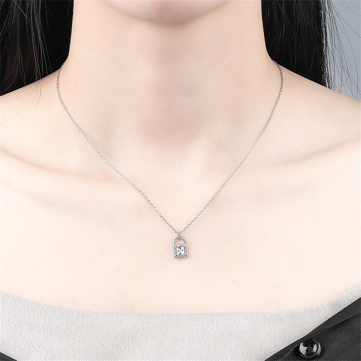 Crystal and Cubic Zirconia Silver-Plated Lock Pendant Necklace, silver pendant necklace for women, detail close-up