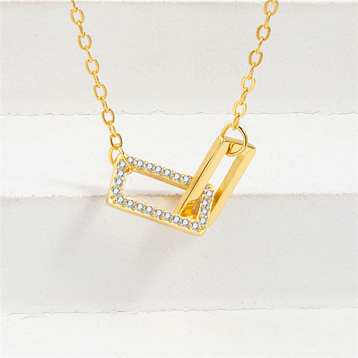 Cubic Zirconia and 18K Gold-Plated Interlocked Rectangle Pendant Necklace, gold pendant necklace for women, front view