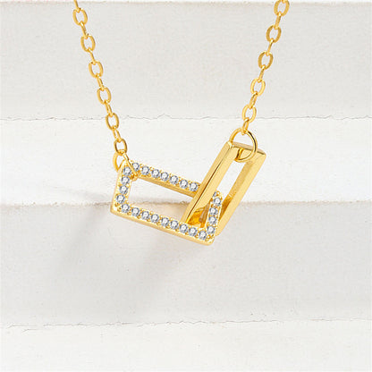 Cubic Zirconia and 18K Gold-Plated Interlocked Rectangle Pendant Necklace, gold pendant necklace for women, front view