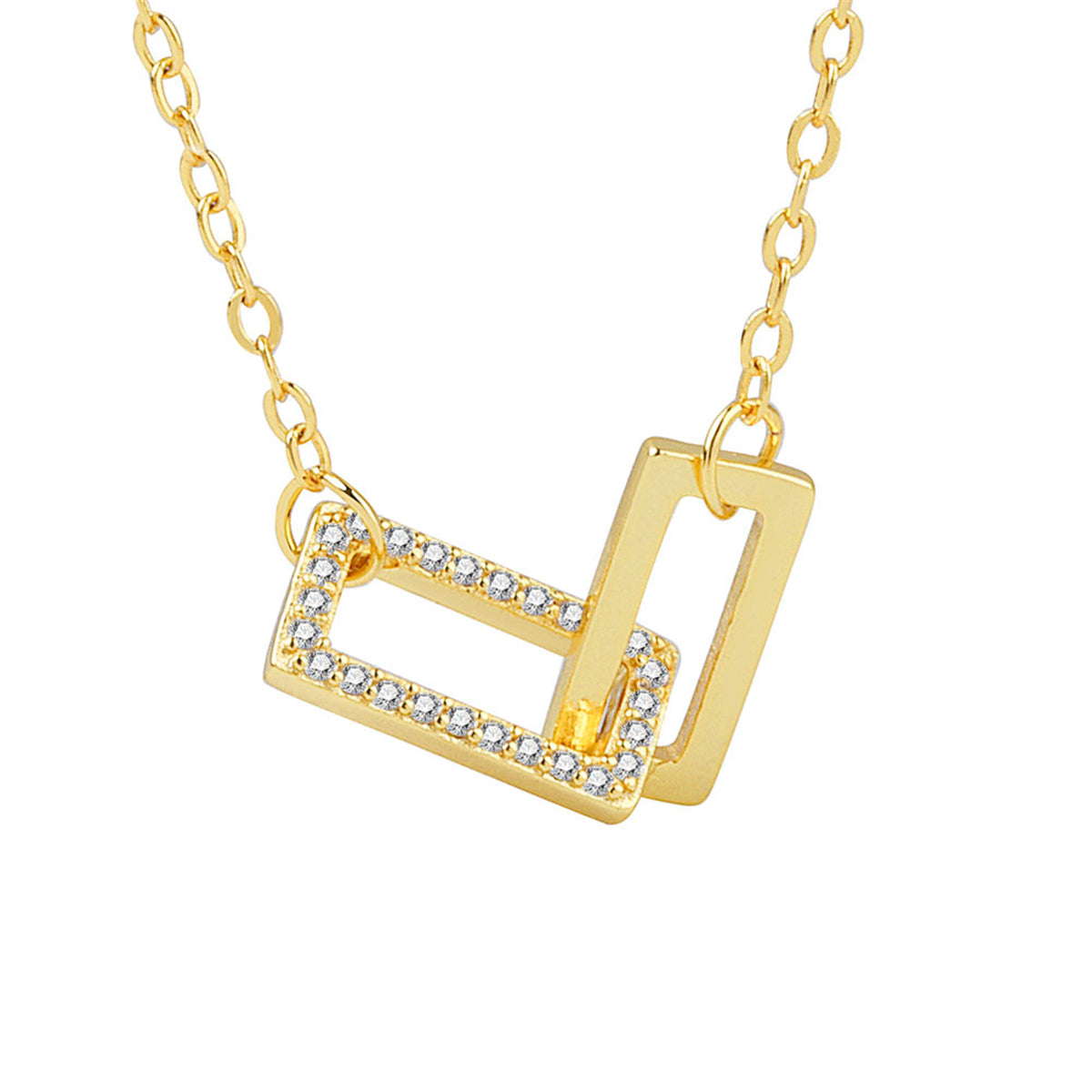 Cubic Zirconia and 18K Gold-Plated Interlocked Rectangle Pendant Necklace, gold pendant necklace for women, detail close-up