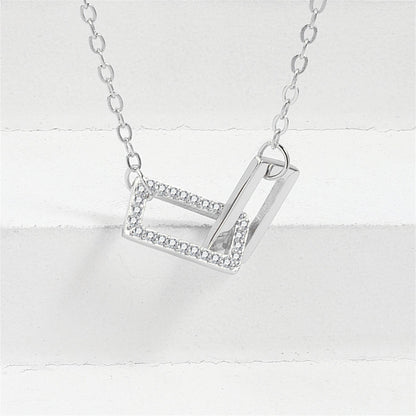 Cubic Zirconia and Silver-Plated Interlock Rectangles Pendant Necklace, silver pendant necklace for women, side view