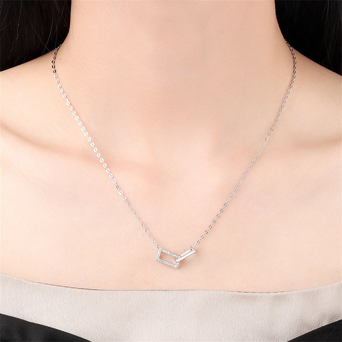 Cubic Zirconia and Silver-Plated Interlock Rectangles Pendant Necklace, silver pendant necklace for women, front view