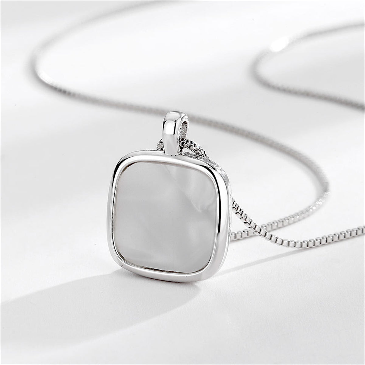 Shell and Silver-Plated Square Pendant Necklace, silver pendant necklace for women, everyday style, detail close-up