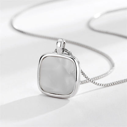 Shell and Silver-Plated Square Pendant Necklace, silver pendant necklace for women, everyday style, detail close-up