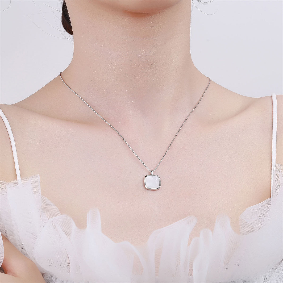 Shell and Silver-Plated Square Pendant Necklace, silver pendant necklace for women, everyday style, front view