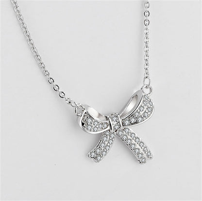 Cubic Zirconia and Silver-Plated Bow Pendant Necklace, silver pendant necklace for women, front view