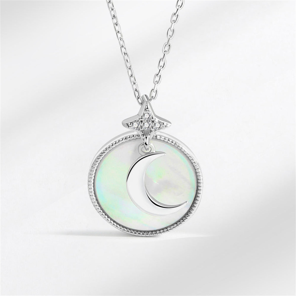 Shell and Silver-Plated Moon Round Pendant Necklace, silver pendant necklace for women, dainty minimalist design, front view