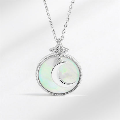 Shell and Silver-Plated Moon Round Pendant Necklace, silver pendant necklace for women, dainty minimalist design, front view