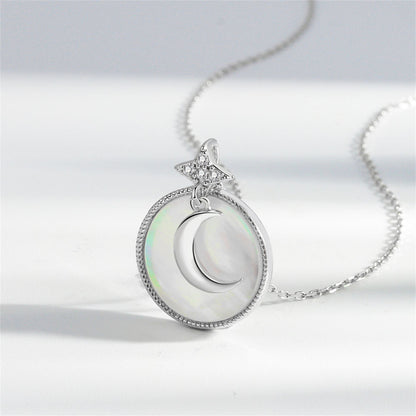 Shell and Silver-Plated Moon Round Pendant Necklace, silver pendant necklace for women, detail close-up