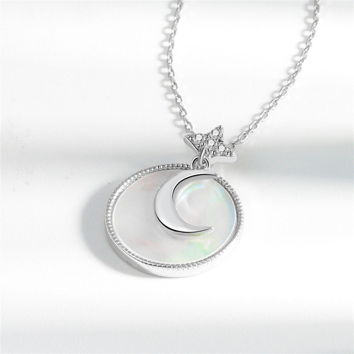 Shell and Silver-Plated Moon Round Pendant Necklace, silver pendant necklace for women, lifestyle look
