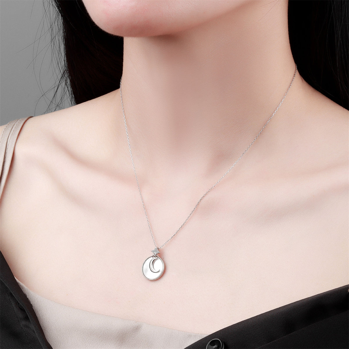 Shell and Silver-Plated Moon Round Pendant Necklace, silver pendant necklace for women, dainty minimalist design, styled look