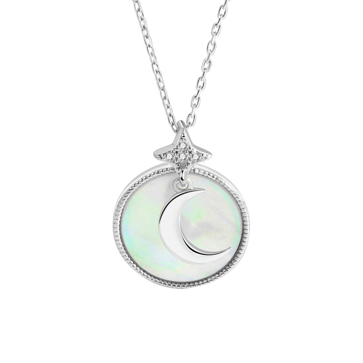 Shell and Silver-Plated Moon Round Pendant Necklace, silver pendant necklace for women, dainty minimalist design, side view