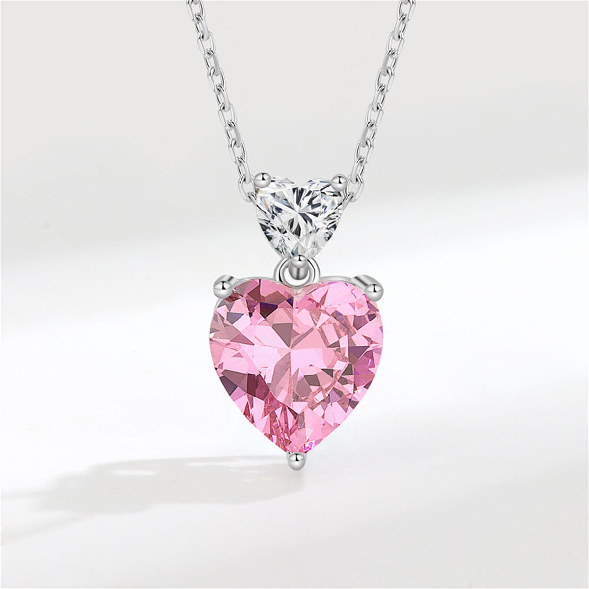 Pink Crystal & Silver-Plated Double Heart Pendant Necklace