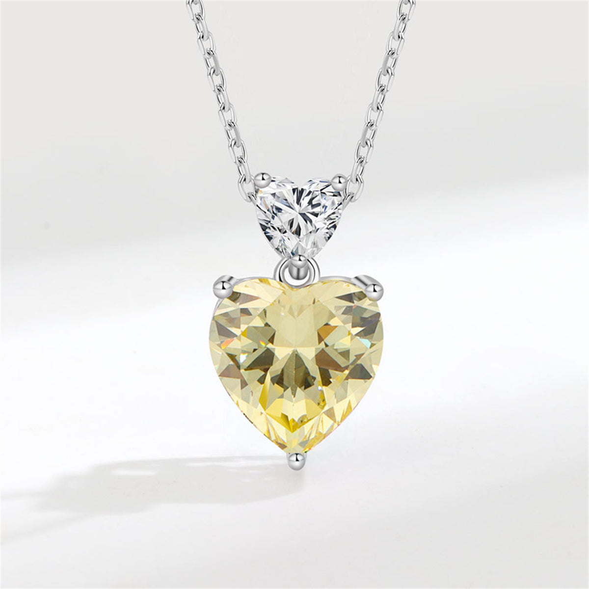 Yellow Crystal and Silver-Plated Double-Heart Pendant Necklace, silver pendant necklace for women, front view