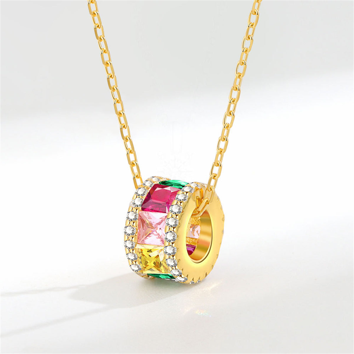 Multicolor Crystal and Cubic Zirconia 18K Gold-Plated Cylinder Pendant Necklace, gold pendant necklace for women, front view