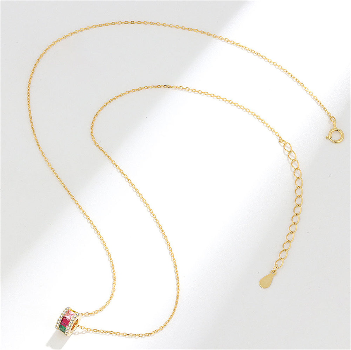 Multicolor Crystal and Cubic Zirconia 18K Gold-Plated Cylinder Pendant Necklace, gold pendant necklace..., detail close-up