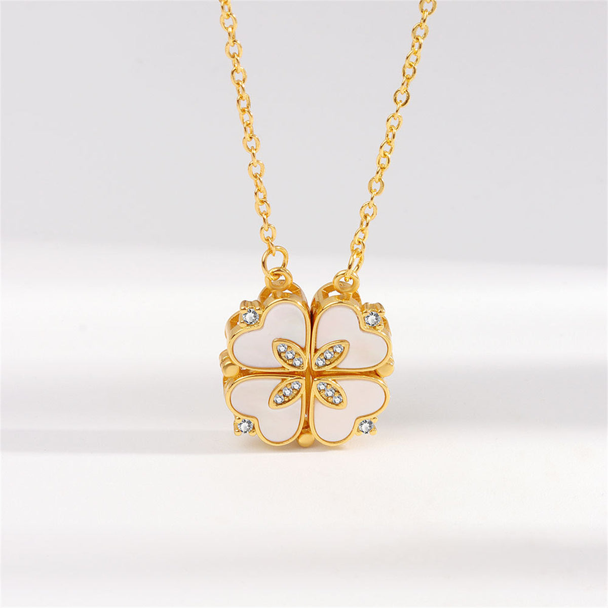 Shell and Cubic Zirconia Clover Heart Pendant Necklace, pendant necklace for women, botanical inspired, front view
