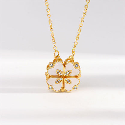 Shell and Cubic Zirconia Clover Heart Pendant Necklace, pendant necklace for women, botanical inspired, front view