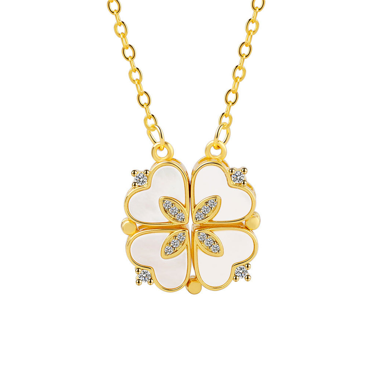 Shell and Cubic Zirconia Clover Heart Pendant Necklace, pendant necklace for women, botanical inspired, side view