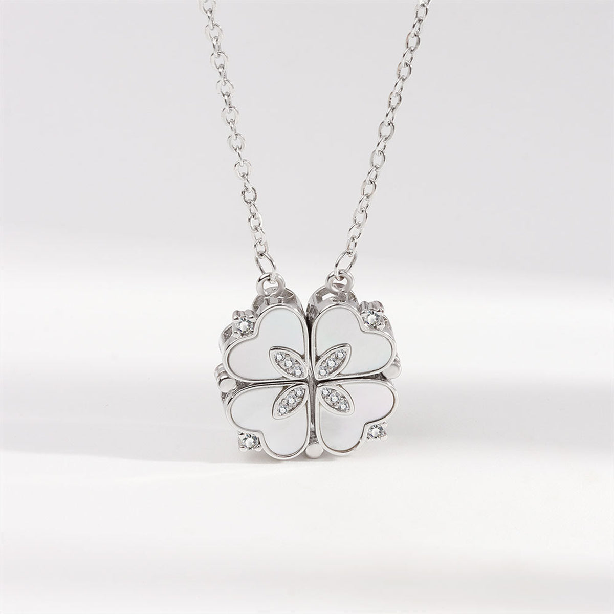 Shell and Cubic Zirconia Silver-Plated Clover Heart Pendant Necklace, silver pendant necklace for women, front view