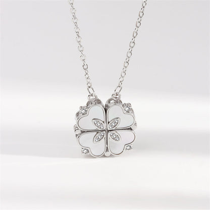 Shell and Cubic Zirconia Silver-Plated Clover Heart Pendant Necklace, silver pendant necklace for women, front view
