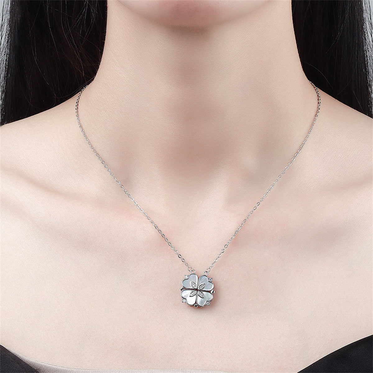Shell and Cubic Zirconia Silver-Plated Clover Heart Pendant Necklace, silver pendant necklace for women, side view
