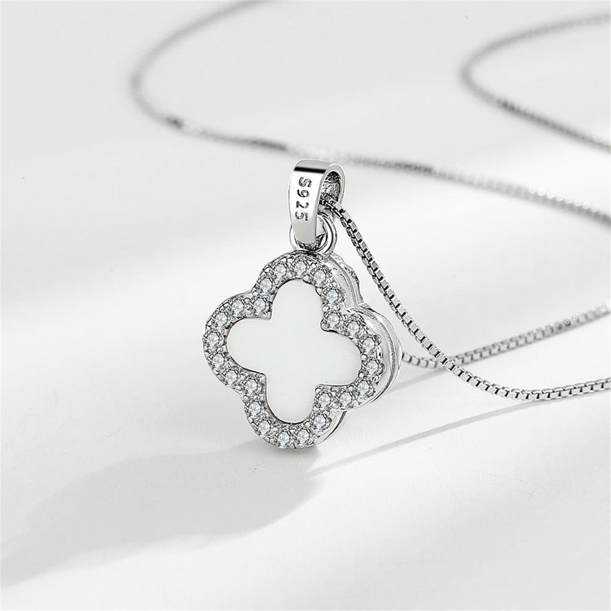 Shell and Silver-Plated Cubic Zirconia-Accent Clover Pendant Necklace, silver pendant necklace for women, front view
