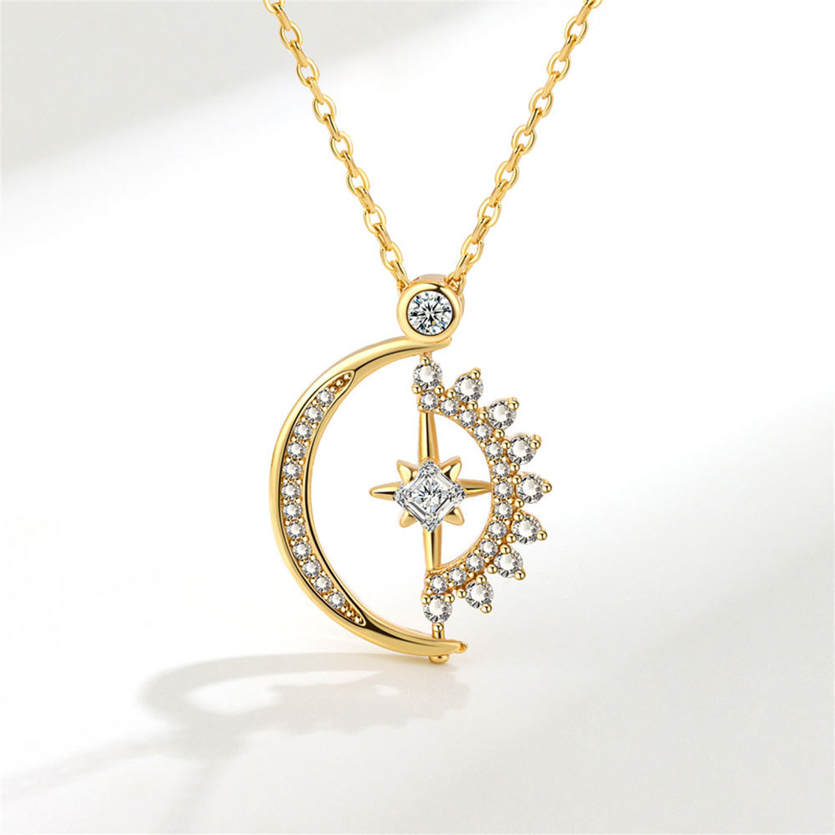 Crystal and Cubic Zirconia 18K Gold-Plated Celestial Spinning Pendant Necklace, gold pendant necklace for women, front view