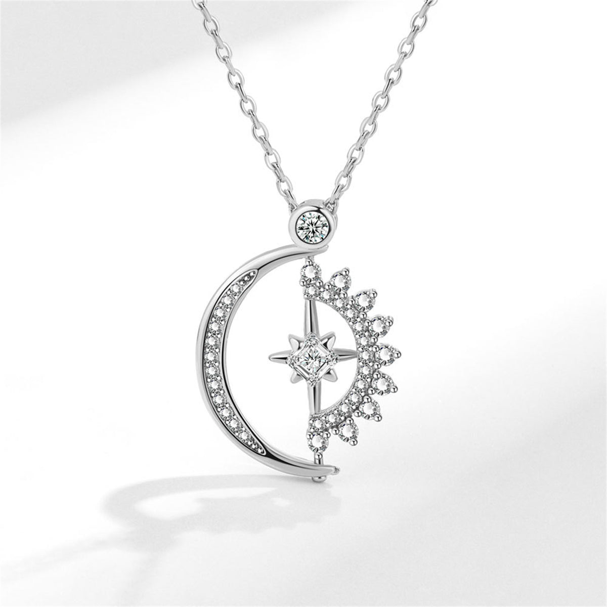 Crystal and Cubic Zirconia Silver-Plated Celestial Spinning Pendant Necklace, silver pendant necklace for women, front view