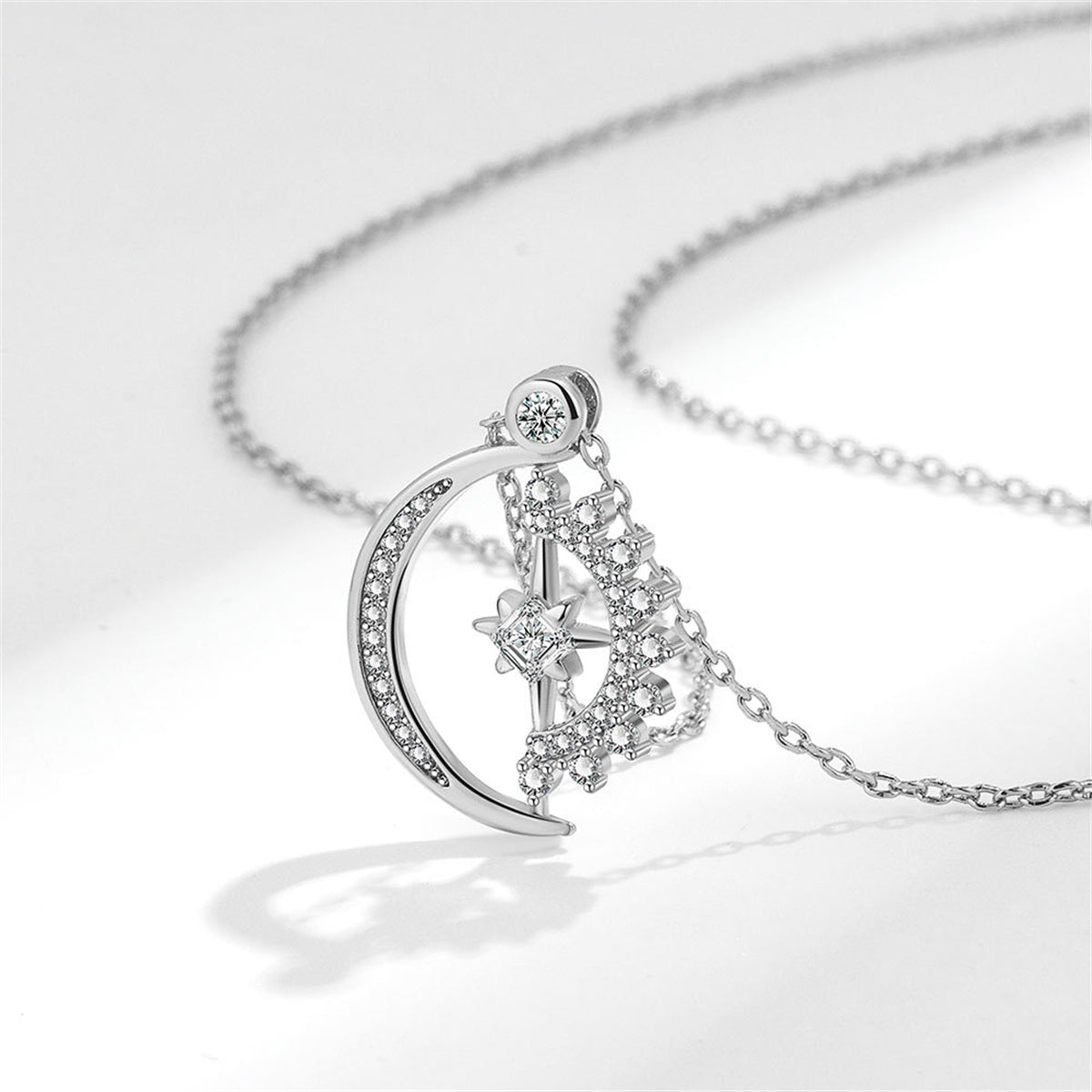 Crystal and Cubic Zirconia Silver-Plated Celestial Spinning Pendant Necklace, silver pendant necklace for women, side view