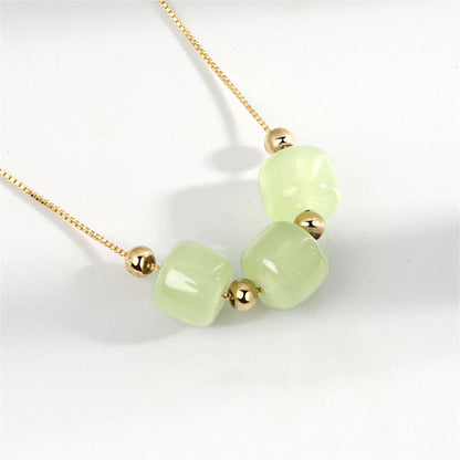 Jade and 18K Gold-Plated Beaded Pendant Necklace, gold pendant necklace for women, botanical inspired, detail close-up