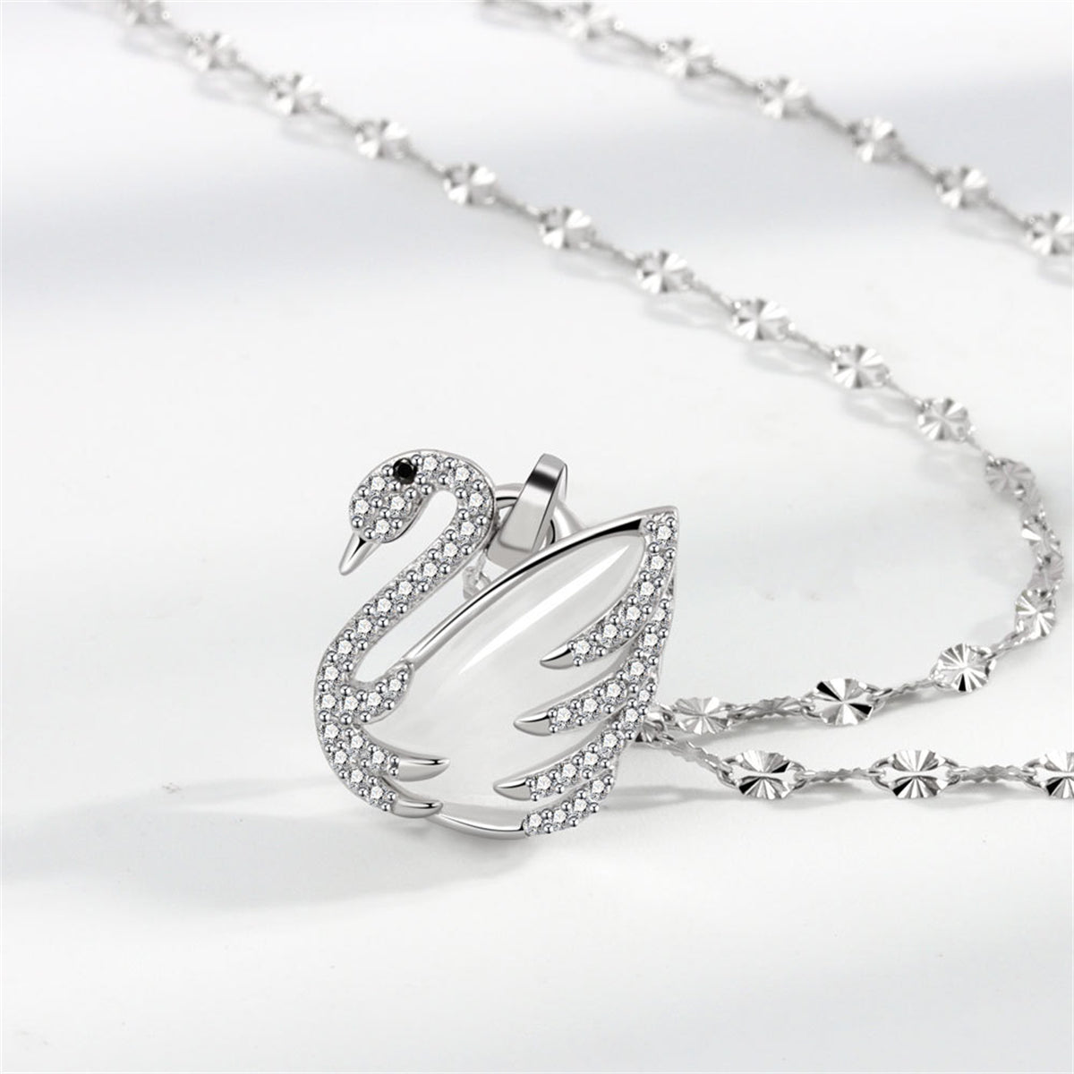 Quartz and Cubic Zirconia Silver-Plated Swan Pendant Necklace, silver pendant necklace for women, detail close-up