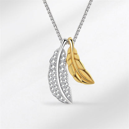 Cubic Zirconia and Two-Tone Feathers Pendant Necklace, pendant necklace for women, elegant gift for her, front view