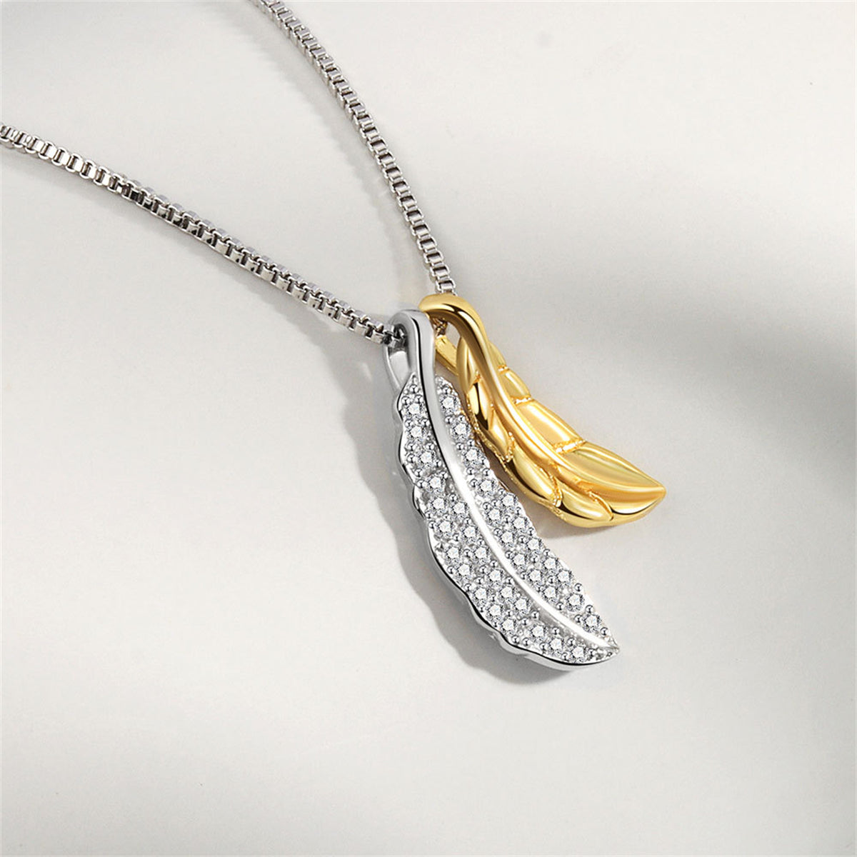 Cubic Zirconia and Two-Tone Feathers Pendant Necklace, pendant necklace for women, elegant gift for her, detail close-up