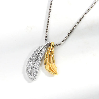 Cubic Zirconia and Two-Tone Feathers Pendant Necklace, pendant necklace for women, elegant gift for her, lifestyle look