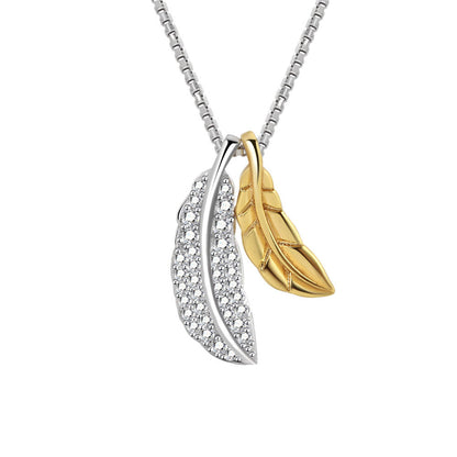 Cubic Zirconia and Two-Tone Feathers Pendant Necklace, pendant necklace for women, elegant gift for her, side view
