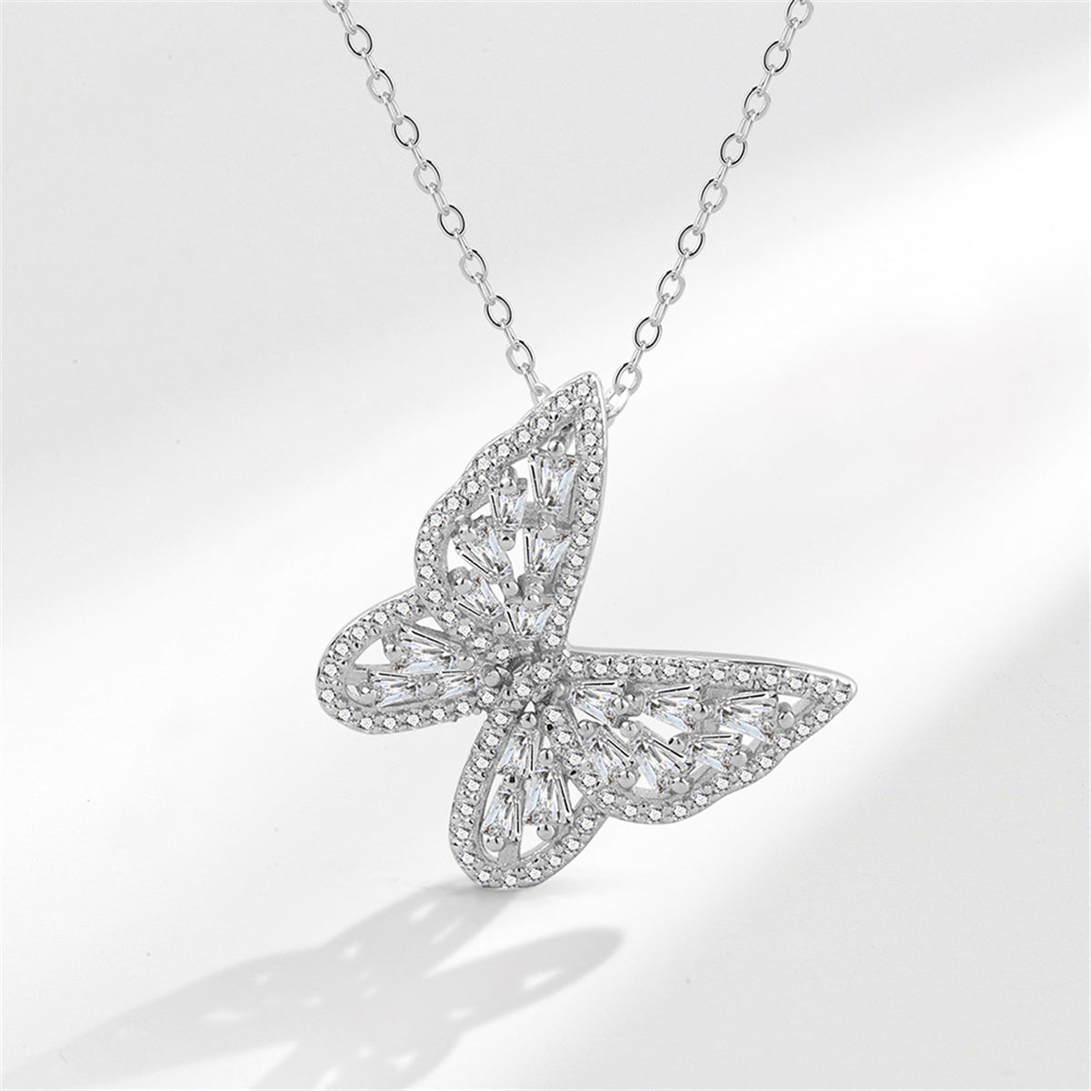 Crystal and Cubic Zirconia Butterfly Pendant Necklace, pendant necklace for women, botanical inspired, front view