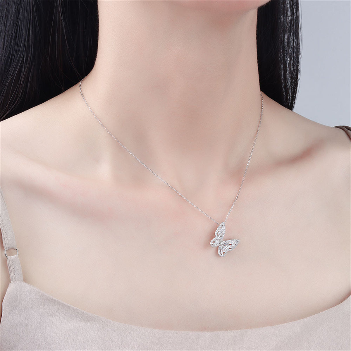 Crystal and Cubic Zirconia Butterfly Pendant Necklace, pendant necklace for women, botanical inspired, side view
