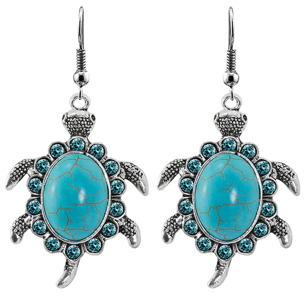 Blue Cubic Zirconia and Turquoise Sea Turtle Drop Earrings, drop earrings for women, everyday style, front view