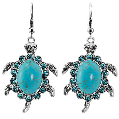 Blue Cubic Zirconia and Turquoise Sea Turtle Drop Earrings, drop earrings for women, everyday style, front view