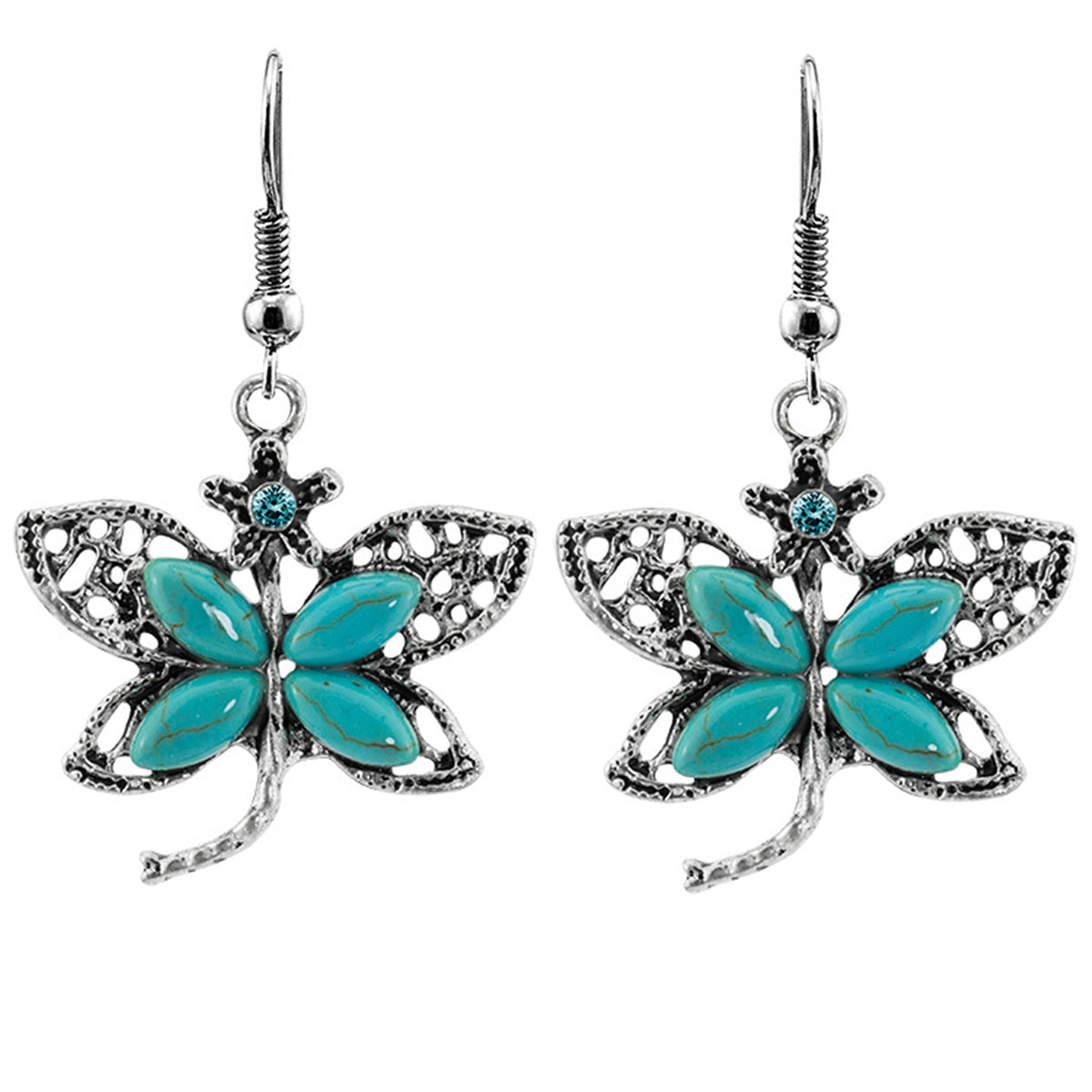 Turquoise & Cubic Zirconia Silver-Plated Dragonfly Drop Earrings