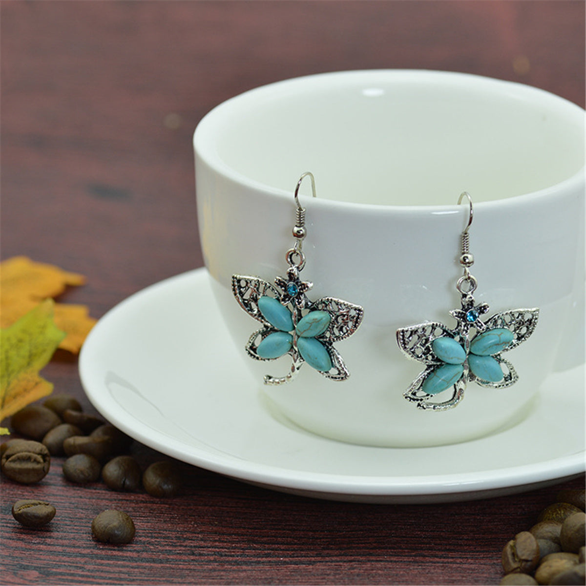 Turquoise & Cubic Zirconia Silver-Plated Dragonfly Drop Earrings